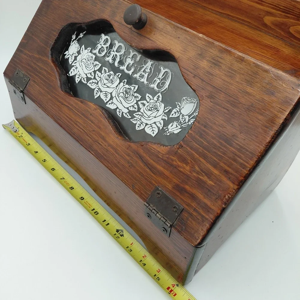 Vtg Wood Bread Box Roses Stenciled Glass Face Farmhouse Breadbox Cottagecore